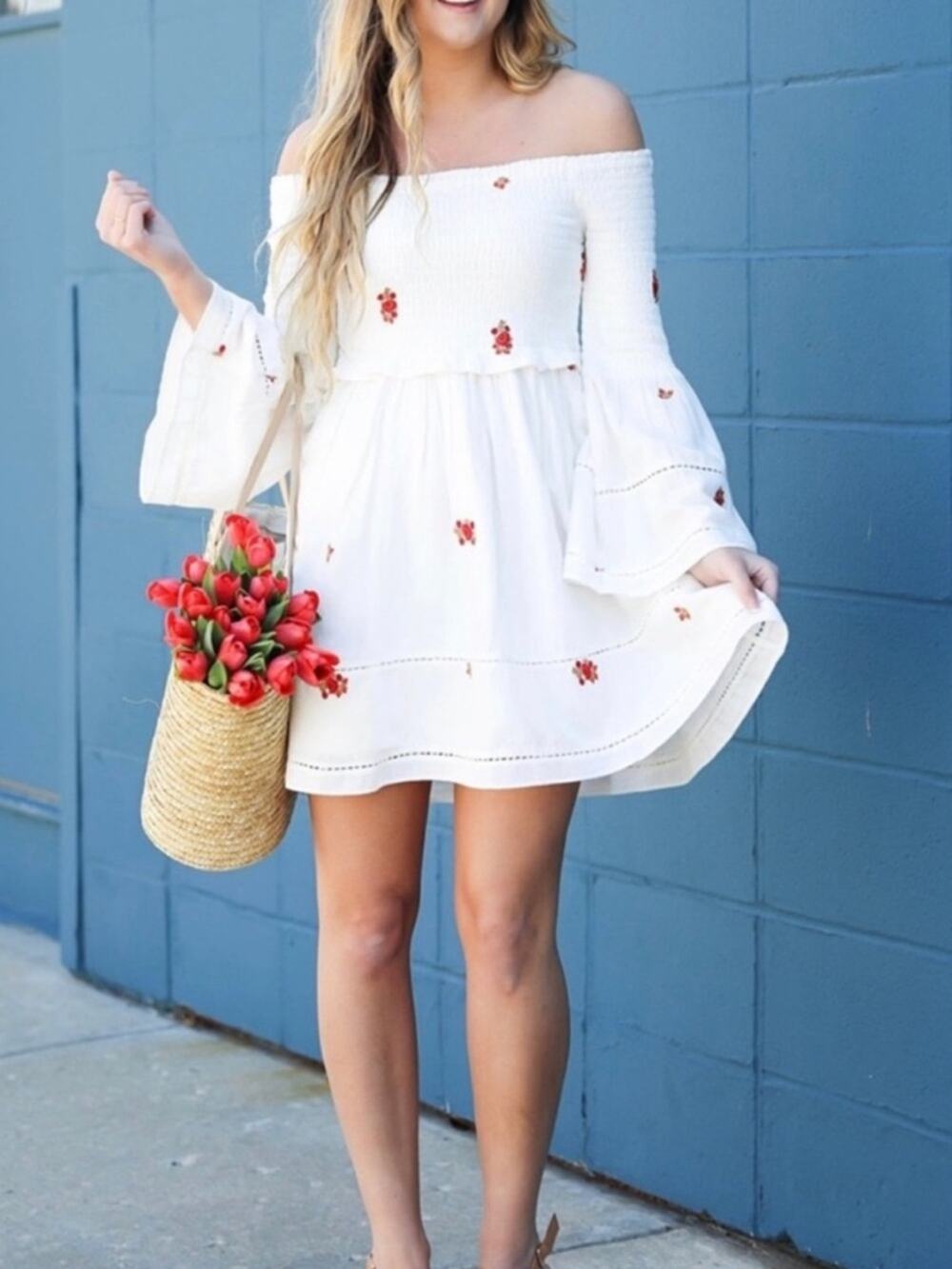 Free People Counting Daisies Floral Embroidered Smocked Tiered Mini Dress XS